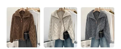 HELIAR Women Fall Winter New Casual Loose Knitted Cardigan Retro Solid Double Zipper Turn-down Collar Sweater Thicken Loose Tops