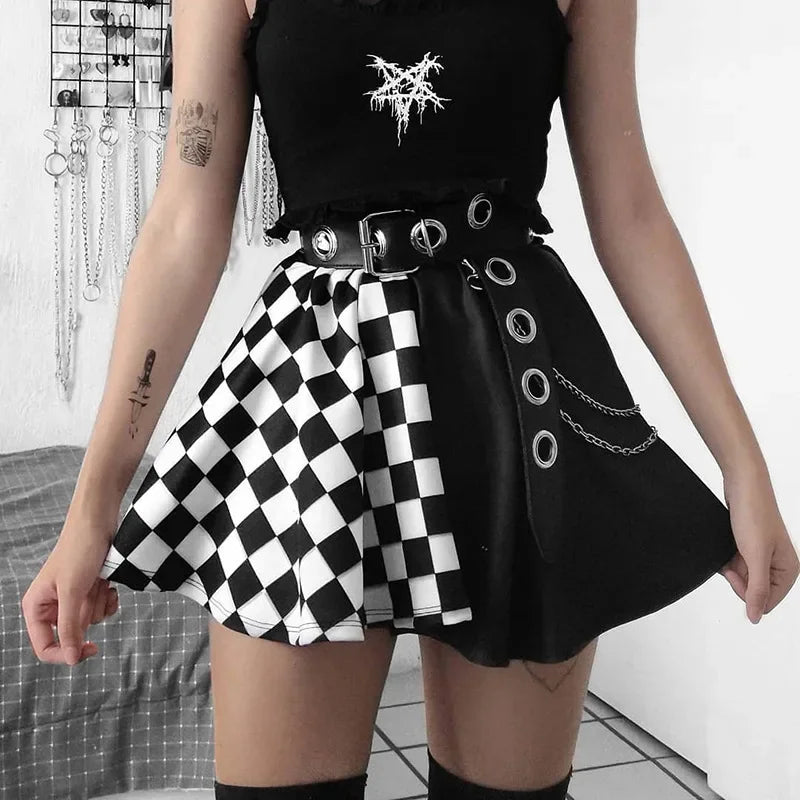 Harajuku Punk Gothic Skirt Women Y2k E-girl Emo Alt Retro Plaid Patchwork High Waist Skirt Mall Goth Aesthteic Clubwear