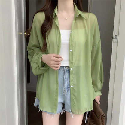 Oversized Shirt for Women Black White Thin Chiffon Collared Long Sleeve Button-Up Shirt Blouse Female Teen-girl Beach Cover Up