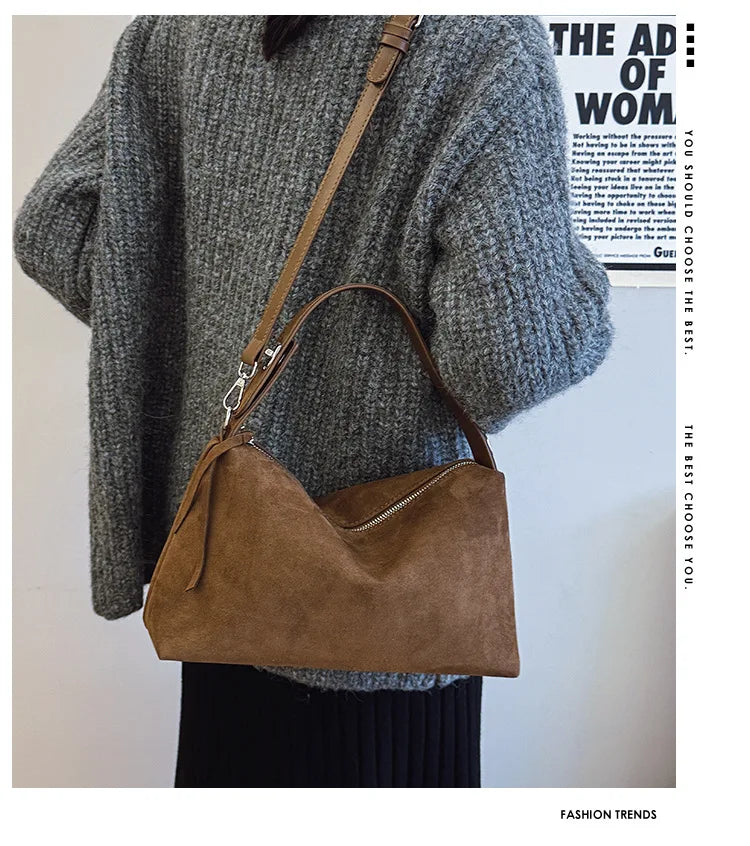 New Fashion Simple Fall Winter Spacious Boston Tote Bag Soft Matte Suede Design Women's Large Capacity Portable Hand Strap Bag