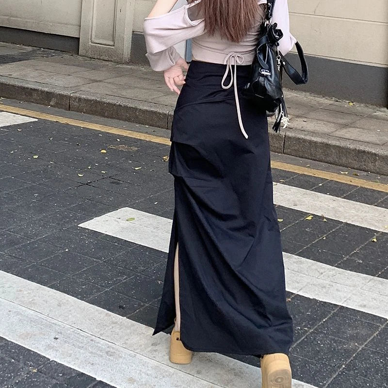 High Waist Pleated Skirt for Women Korean Fashion Streetwear Sexy Slit Midi Skirt Y2K Loose Hip Hop All-Match Female Cargo Skirt