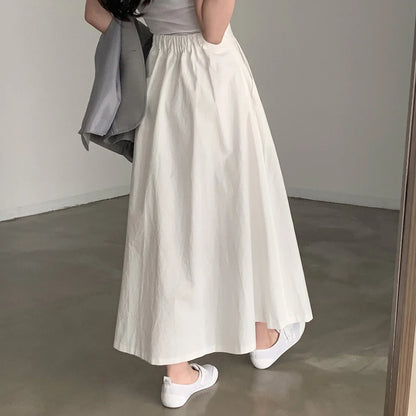 2024 Women Elegant White Long Skirts High Waist A-Line Cotton Maxi Skirts Women Casual Skirts