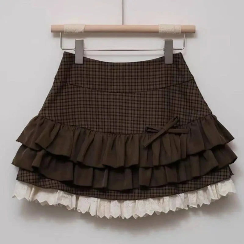 Japanese Y2k Cute Ruffled Plaid Skirt Punk Rock Subculture Cake Skirts Japanese Preppy Style Casual New 2025 Women Skirts
