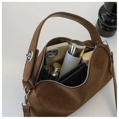 New Fashion Simple Fall Winter Spacious Boston Tote Bag Soft Matte Suede Design Women's Large Capacity Portable Hand Strap Bag