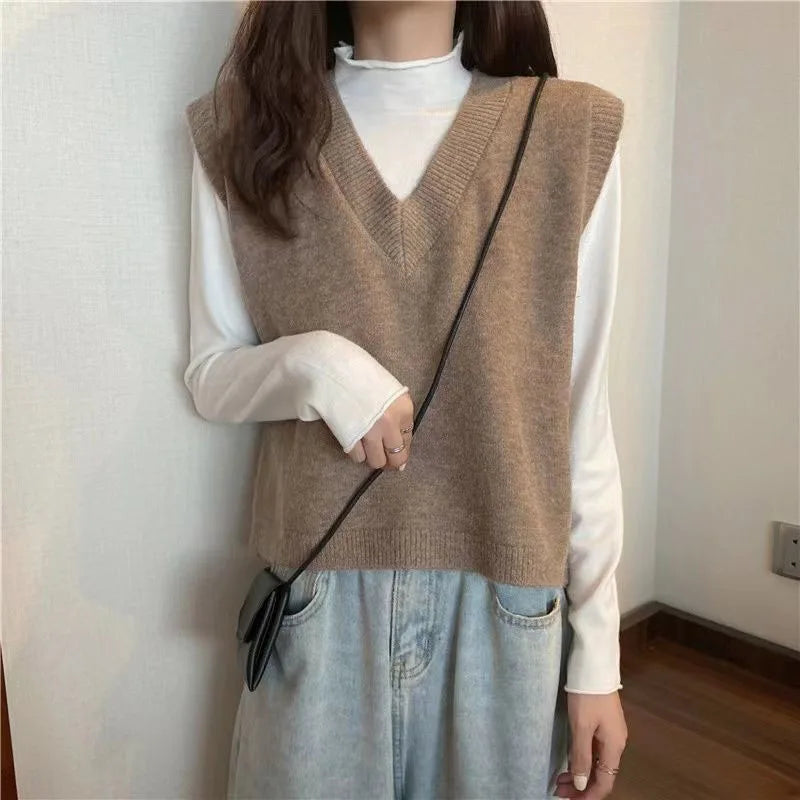 Xpqbb Spring Autumn New V-neck Knitted Vest Women Vintage Sleeveless Sweater Waistcoat Female Korean Chic Cropped Knit Tops