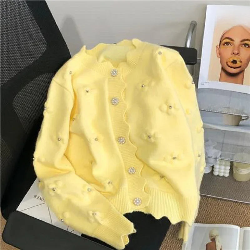 White Socialite Style Embroidery Knitted Cardigan 2024 Early Autumn Top Floral Sweater Jacket Spring Wardrobe New Match Women's