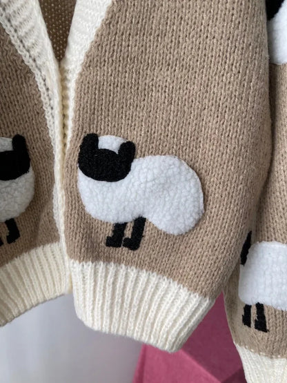Sheep Pattern Crochet Chunky Knit Cardigan Cute Cartoon Sweater Vintage Long Sleeve V Neck Autumn Women Jumper Outerwear