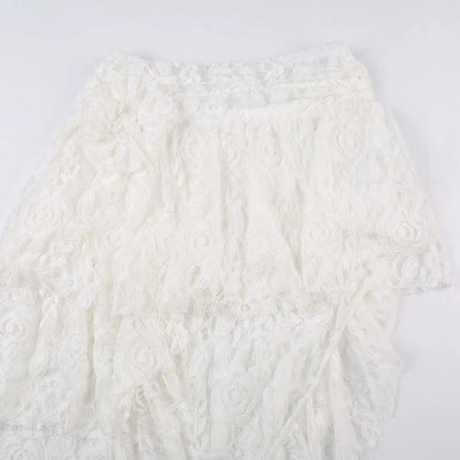 Zoki Sexy Bohemian Sweet Lace Skirt Women Elegant Irregular High Waist Skirt Vintage Korean Lady Casual Cute White A Line Skirts