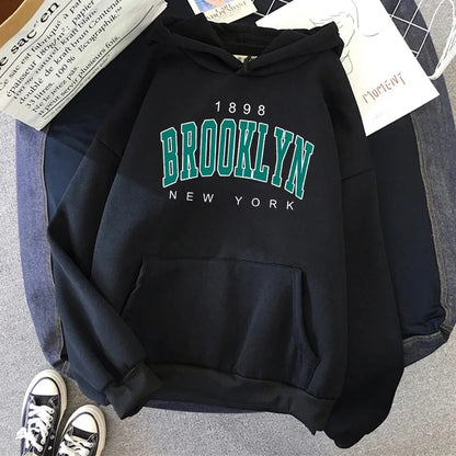 Fashionable Creative Women's Hoodie Sweatshirt 1898 Brooklyn New York Full Sleeve Polyester Fiber Hooded Pullover Streetwear