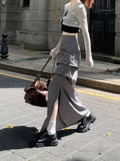 High Waist Pleated Skirt for Women Korean Fashion Streetwear Sexy Slit Midi Skirt Y2K Loose Hip Hop All-Match Female Cargo Skirt