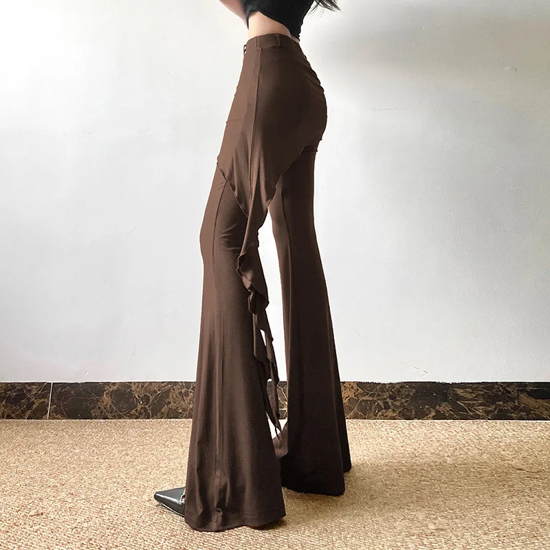 Casual Slim Folds Tie Flower Ruffles Flare Pants Casual Sexy Solid Mid-Waisted Wide Leg Pants Women 2024 Summer Fashion