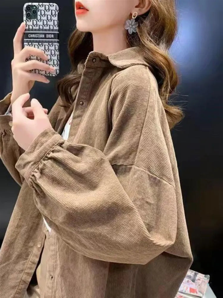 Women's Corduroy irt Long Sve Loose Casual Sle Spring Autumn New Faion V-Ne Button up Warmth Outerwear Top
