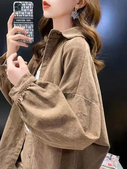 Women's Corduroy irt Long Sve Loose Casual Sle Spring Autumn New Faion V-Ne Button up Warmth Outerwear Top