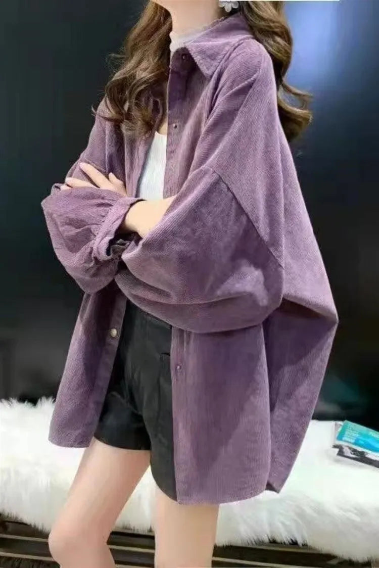 Women's Corduroy irt Long Sve Loose Casual Sle Spring Autumn New Faion V-Ne Button up Warmth Outerwear Top