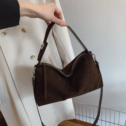 New Fashion Simple Fall Winter Spacious Boston Tote Bag Soft Matte Suede Design Women's Large Capacity Portable Hand Strap Bag