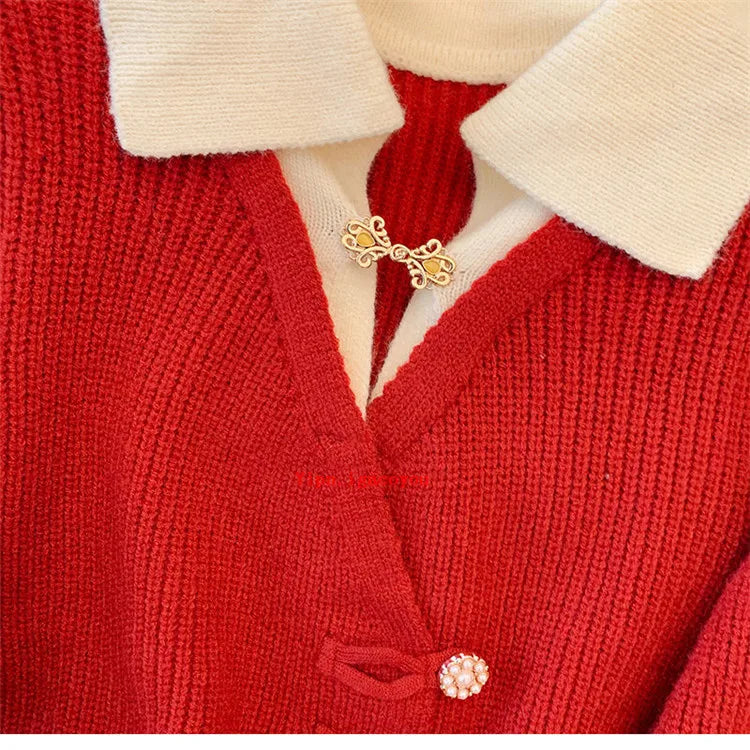 2025 Autumn Winter New Splicing Fake Two Pieces Knitted Cardigan Sweater Women Jacket Fashion Knitwear Loose Ladies Tops B693