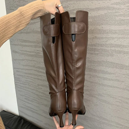Autumn Winter Cosy Button Woman Knee-High Modern Boots Fashion Round Toe Thin Heels Ladies Long Booties Party Shoes