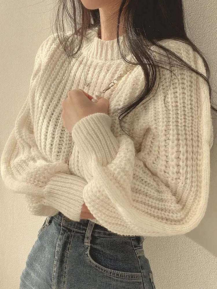 Loose Vintage Harajuku Lantern Long Sleeve Women Sweater Autumn Winter Knitwear Soft Warm Tops Chic Solid Femme Sweater
