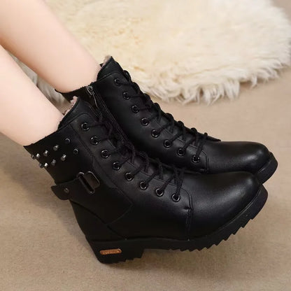 Woman Rivet Boots 2025 New Winter Plush Warm Short Boots Student Comfortable Cotton Boots Female British Non-slip Thicken Boots