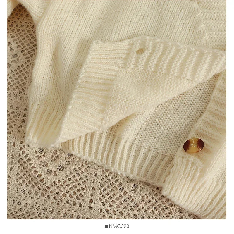 Autumn Colourful Applique Flower Cardigan for Women Cute Long  V-neck Knit Crop Sweater Girl Soft Knitwear