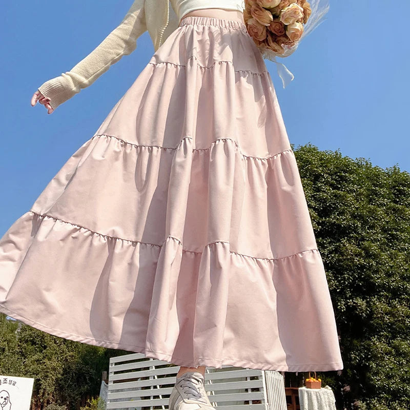 Korean Style Elastic High Waist White Skirt for Women Summer Loose Pleated Long Skirts Woman 2025 Vacation A Line Umbrella Skirt