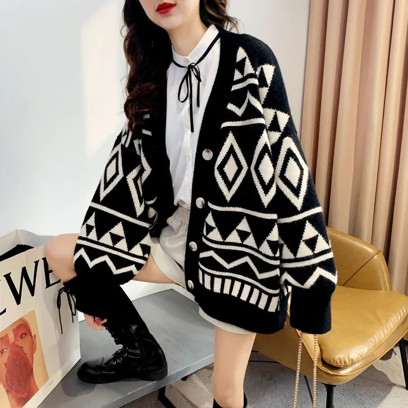New Fashion Geometry Printing Knitted Caridgan Coat Autumn Winter Casual Loose Women Sweaters Office Lady Knitted Clothes