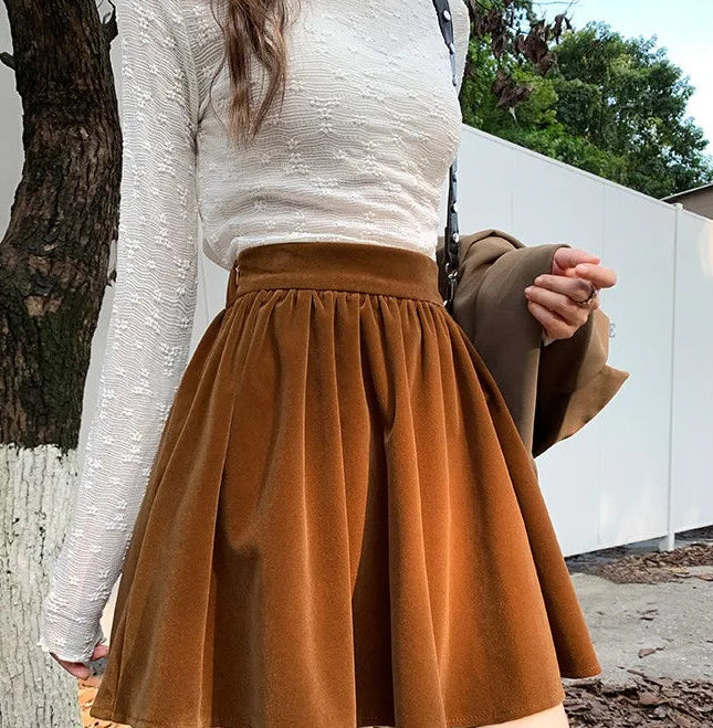 Winter Velvet Skirts New Design 2024 New Year Spring Japan Girls Chic Fashion Elastic Waist Mini Skirt
