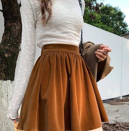 Winter Velvet Skirts New Design 2024 New Year Spring Japan Girls Chic Fashion Elastic Waist Mini Skirt