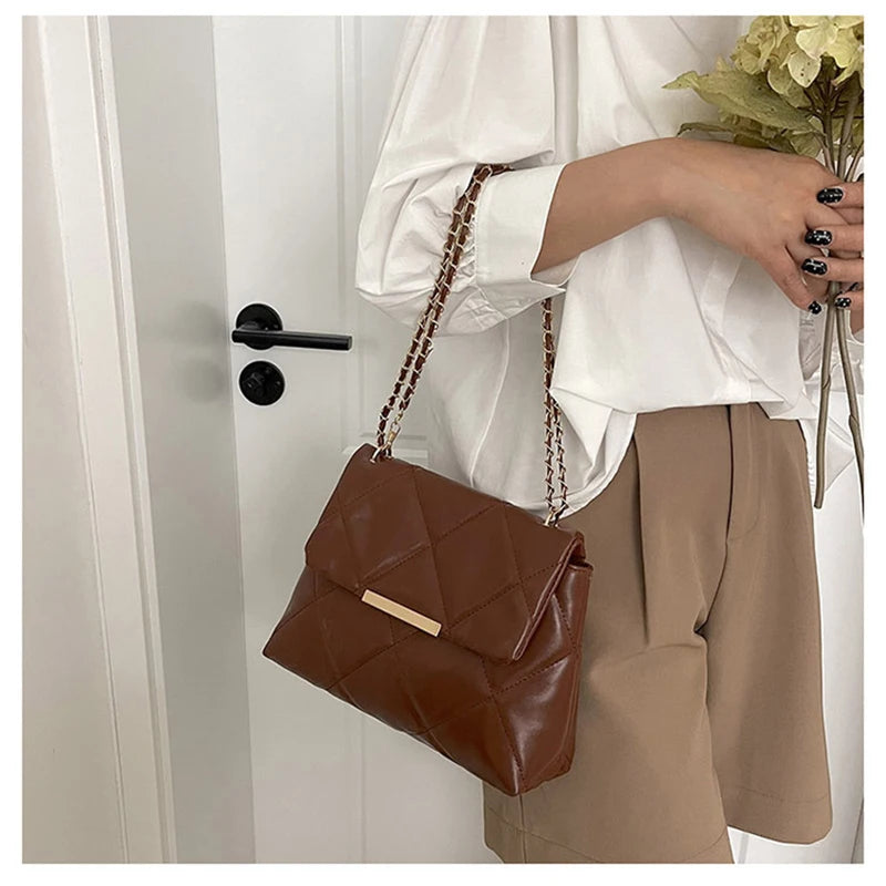Plaid Thread Women Handbags Lady Underarm Shoulder Bag Large Capacity Commuting Tote Bag PU Leather Chain Strap Crossbody Bag