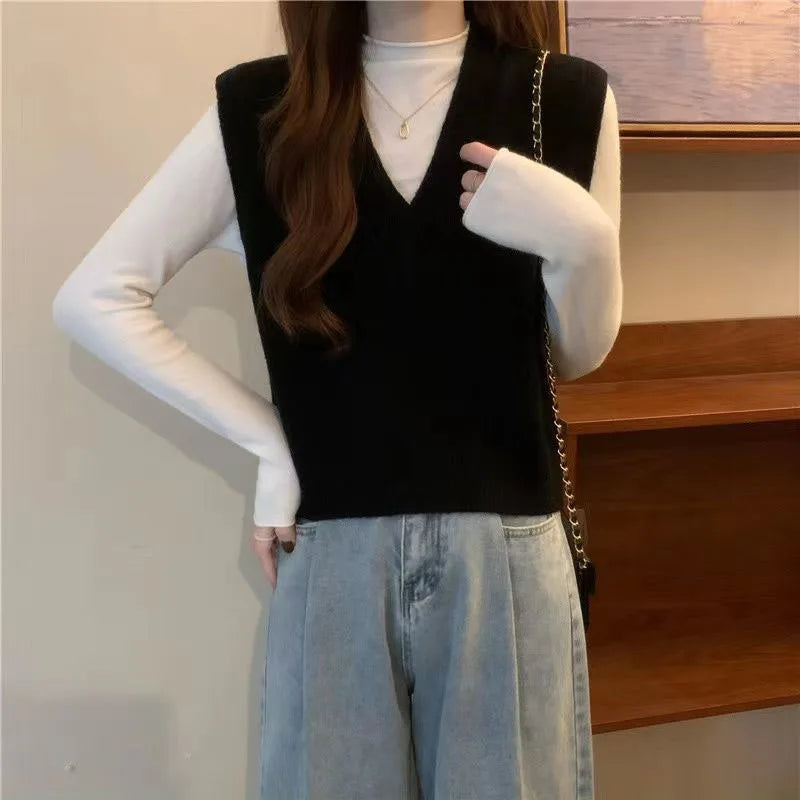 Xpqbb Spring Autumn New V-neck Knitted Vest Women Vintage Sleeveless Sweater Waistcoat Female Korean Chic Cropped Knit Tops
