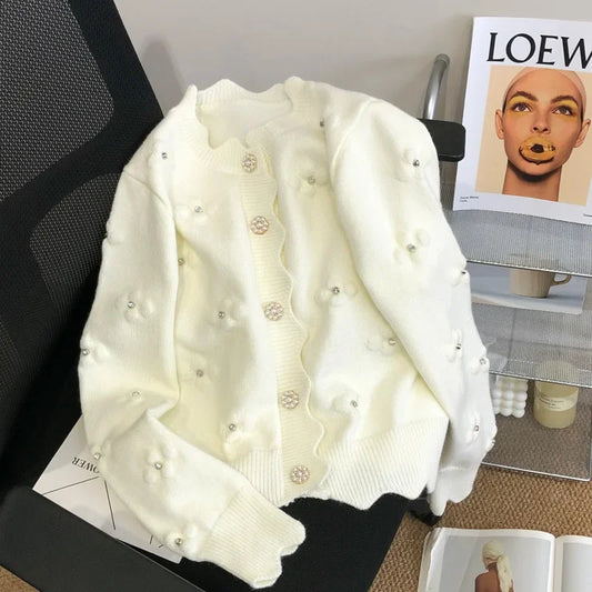 White Socialite Style Embroidery Knitted Cardigan 2024 Early Autumn Top Floral Sweater Jacket Spring Wardrobe New Match Women's