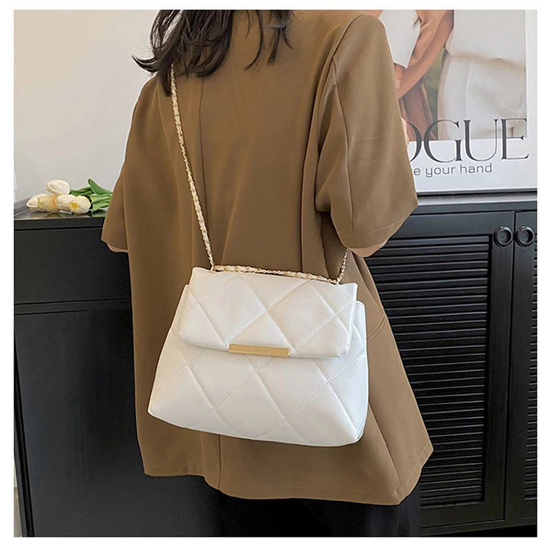 Plaid Thread Women Handbags Lady Underarm Shoulder Bag Large Capacity Commuting Tote Bag PU Leather Chain Strap Crossbody Bag