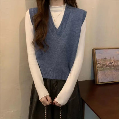 Xpqbb Spring Autumn New V-neck Knitted Vest Women Vintage Sleeveless Sweater Waistcoat Female Korean Chic Cropped Knit Tops