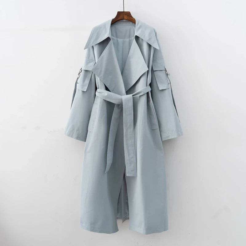 2024 Spring Fall New Korea style Women's Oversized Cotton Long Trench Coat With Belt  Casual Female Windbreaker
