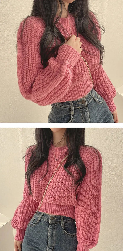 Loose Vintage Harajuku Lantern Long Sleeve Women Sweater Autumn Winter Knitwear Soft Warm Tops Chic Solid Femme Sweater
