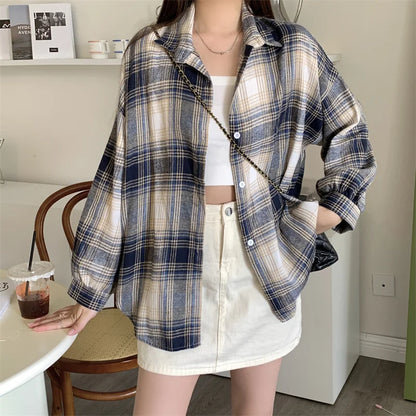 Women Tartan Shirt Long Sleeve Collared Button Up Oversized Plaid Shirt Flannel Jacket Grunge Teenage Girl Spring Summer Outfit