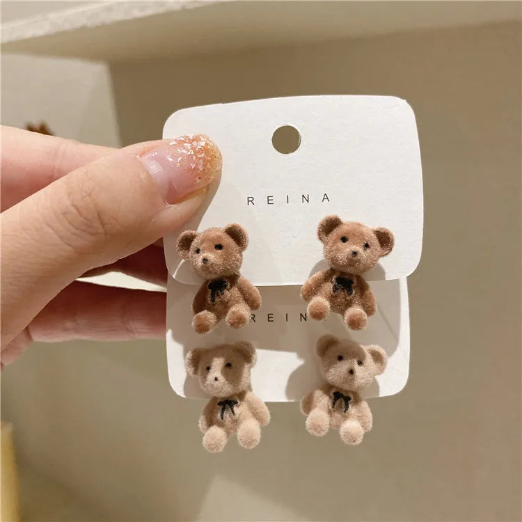 Flocking Velvet Rabbit Bear Stud Earrings for Women Fall Fashion Kawaii Animal Earrings Girls Korean Kids Jewelry Brincos Gifts