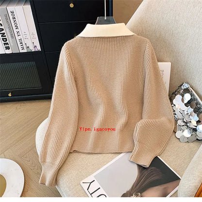 2025 Autumn Winter New Splicing Fake Two Pieces Knitted Cardigan Sweater Women Jacket Fashion Knitwear Loose Ladies Tops B693
