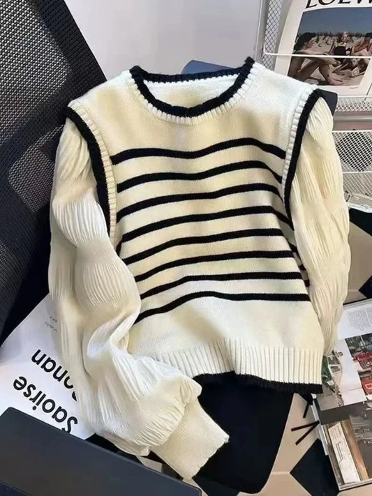 2025 Women Black and White Striped Fake Two-Piece Knitted Sweaters Autumn Winter Korean Soft Glutinous Pullover Sweater Female