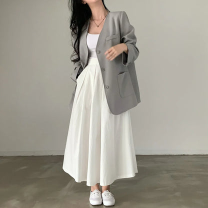 2024 Women Elegant White Long Skirts High Waist A-Line Cotton Maxi Skirts Women Casual Skirts