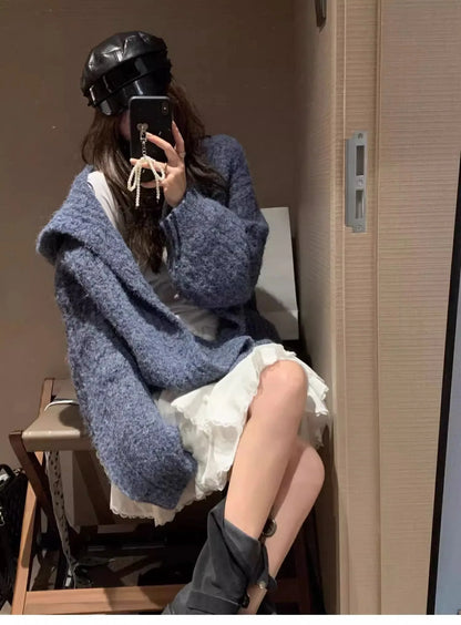 Winter Women Long Sleeve Loose Hooded Loose Knitted Coat Autumn Fashion Solid Color Sweater Elegant Casual Cardigan Knitwear