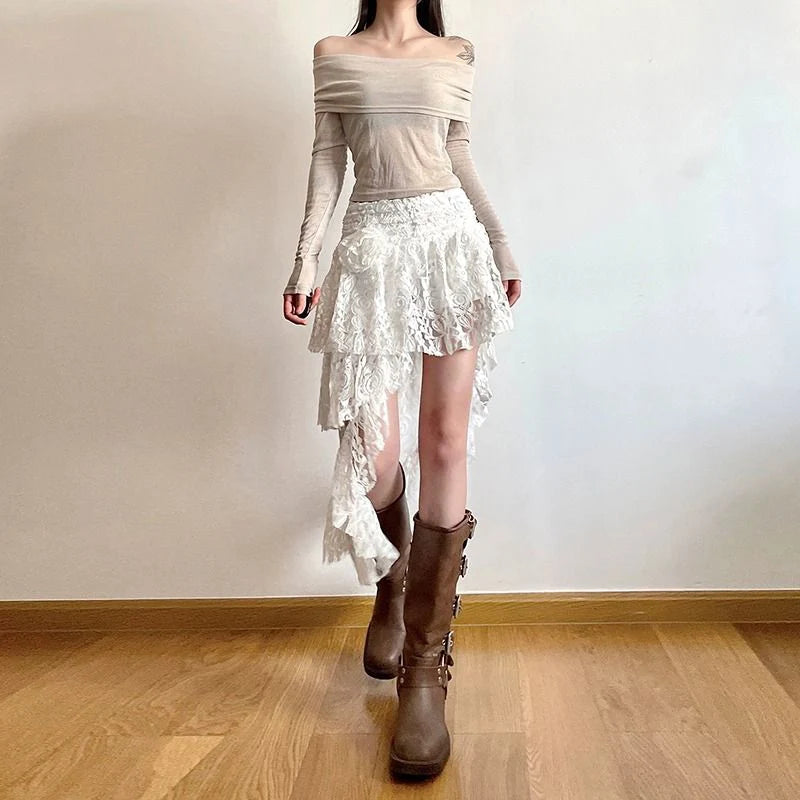 Zoki Sexy Bohemian Sweet Lace Skirt Women Elegant Irregular High Waist Skirt Vintage Korean Lady Casual Cute White A Line Skirts