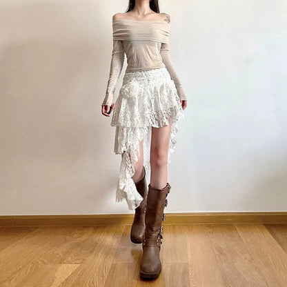 Zoki Sexy Bohemian Sweet Lace Skirt Women Elegant Irregular High Waist Skirt Vintage Korean Lady Casual Cute White A Line Skirts