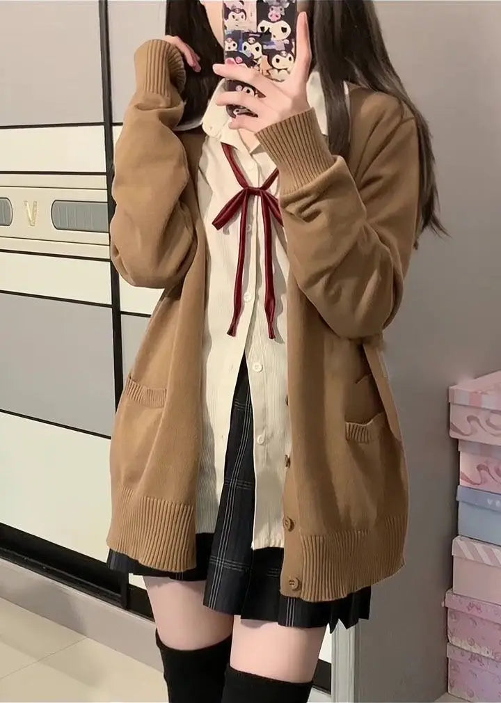 Cardigans Women Button-up Japan Style Students Long Sleeve Knitted Sweaters Loose All-match Autumn Winter Solid Color Pockets