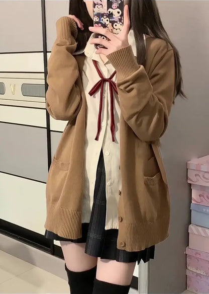 Cardigans Women Button-up Japan Style Students Long Sleeve Knitted Sweaters Loose All-match Autumn Winter Solid Color Pockets