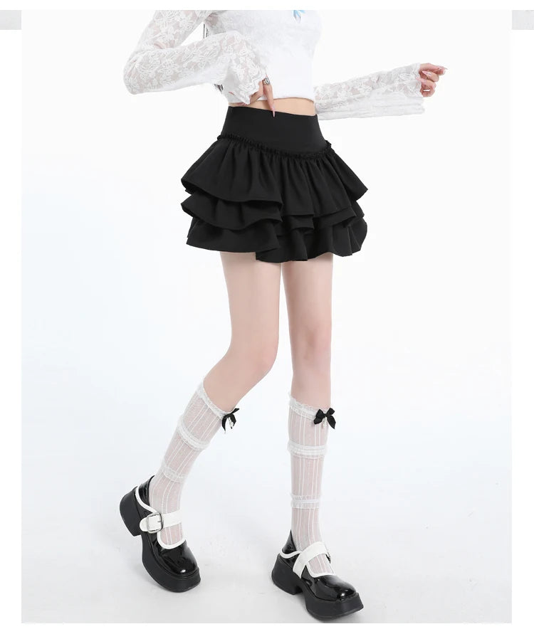 Seoulish Spring Summer Women's Cake Short Skirts 2025 New High Waist Vintage Black Korean Pleated Ball Gown Skirts Female