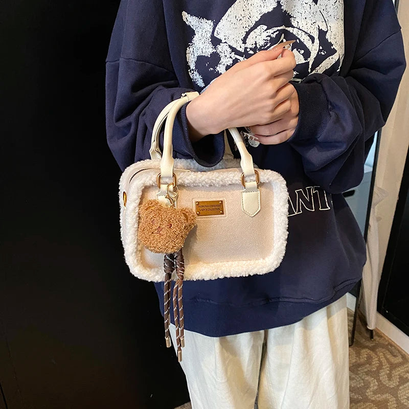 2024 Winter Lamb Woolen Handbag Women's Bag Designer Plush Handbag Fashion Casual Shoulder Messenger Bag Female Square bolsas