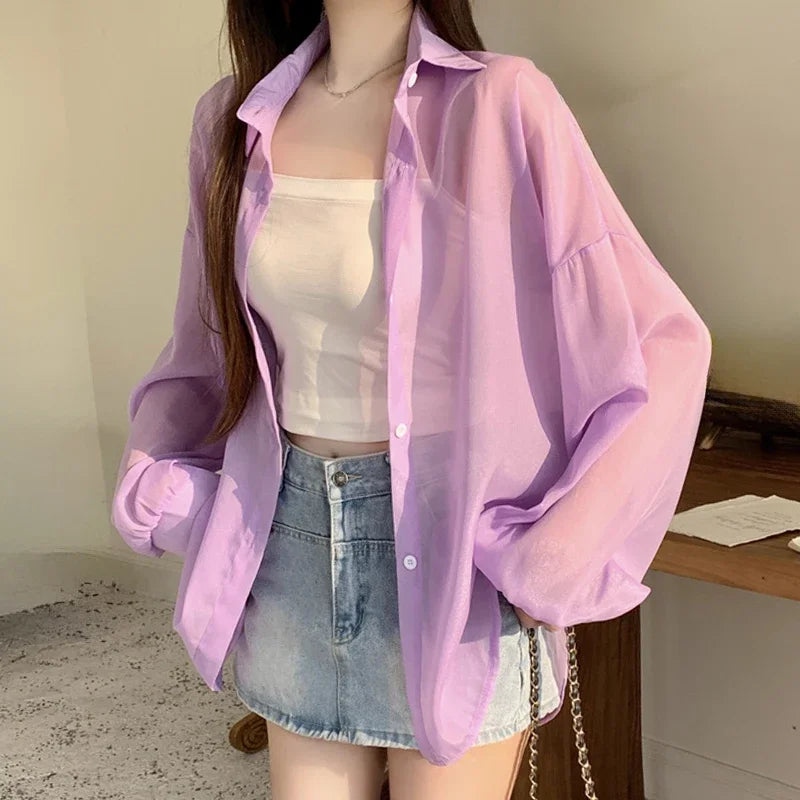 Oversized Shirt for Women Black White Thin Chiffon Collared Long Sleeve Button-Up Shirt Blouse Female Teen-girl Beach Cover Up
