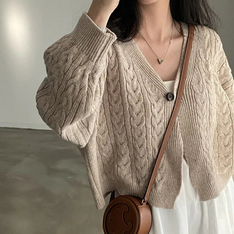 Fall Autumn and Winter New Women's Clothing Retro V-neck Twist Design Long-sleeved Short Knitted Cardigan Sweater Jacket