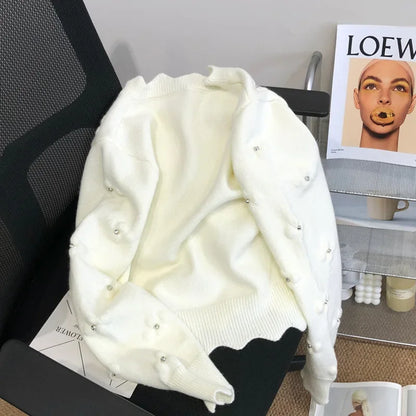 White Socialite Style Embroidery Knitted Cardigan 2024 Early Autumn Top Floral Sweater Jacket Spring Wardrobe New Match Women's